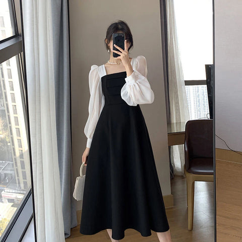 Elegant Fashion Summer Office Ladies High Waist Dress Chiffon Patchwork