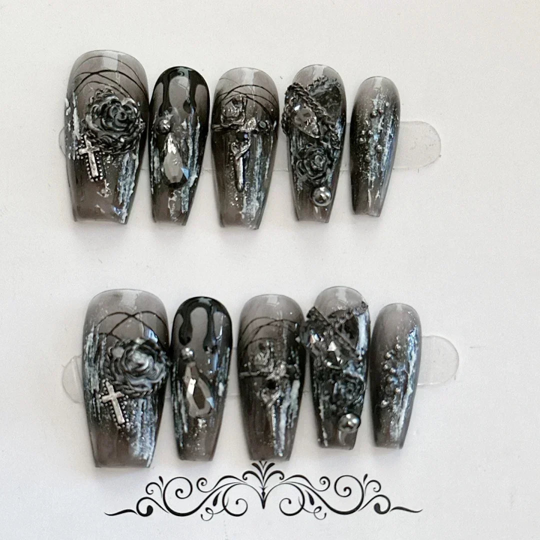 Vintage Angel Gothic Nail Burgundy and Black Fashion Punk Cool Nail