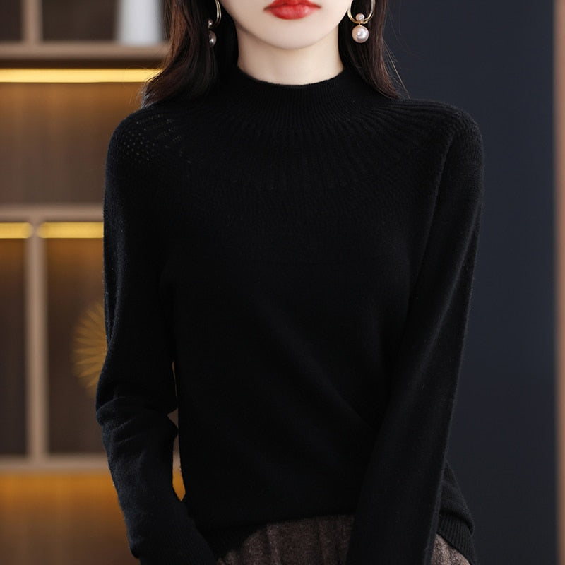 Cashmere knitting sweater high collar merino wool high collar slim soft long sleeve pullover top - xinnzy