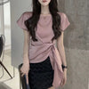Asymmetric Lace Up Blouse Women Office Short Sleeve Designer Top