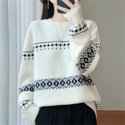 Womens Wool Sweater Jacquard Crew Neck Oversized Pullover