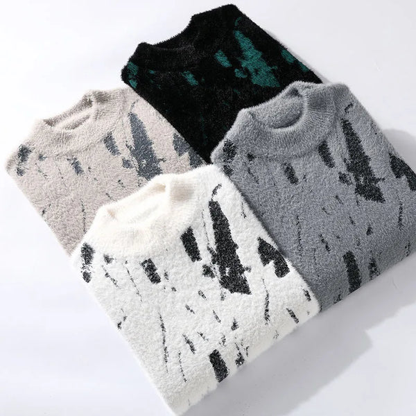 Mens Y2K Patchwork Knit Sweater Slim Fit Streetwear Pullover
