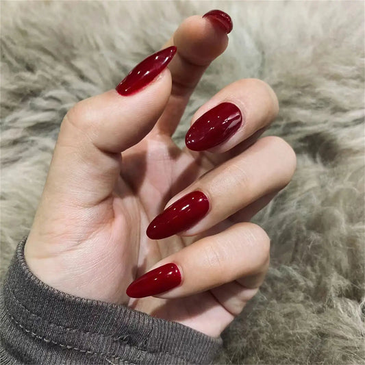 Cherry Red Almond Vintage Fake Nails Press On Tips