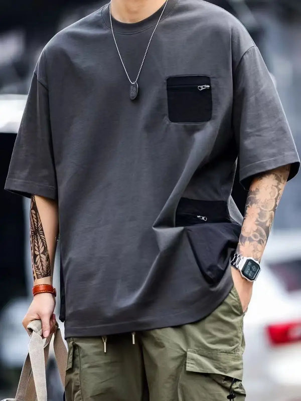 Urban Streetwear Men Colorblock Tshirt Contrast Zip Pocket