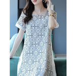 Elegant Square Collar Gauze Hollow Out Lace Vintage Dress Women Clothing 2024