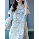 Elegant Square Collar Gauze Hollow Out Lace Vintage Dress Women Clothing 2024