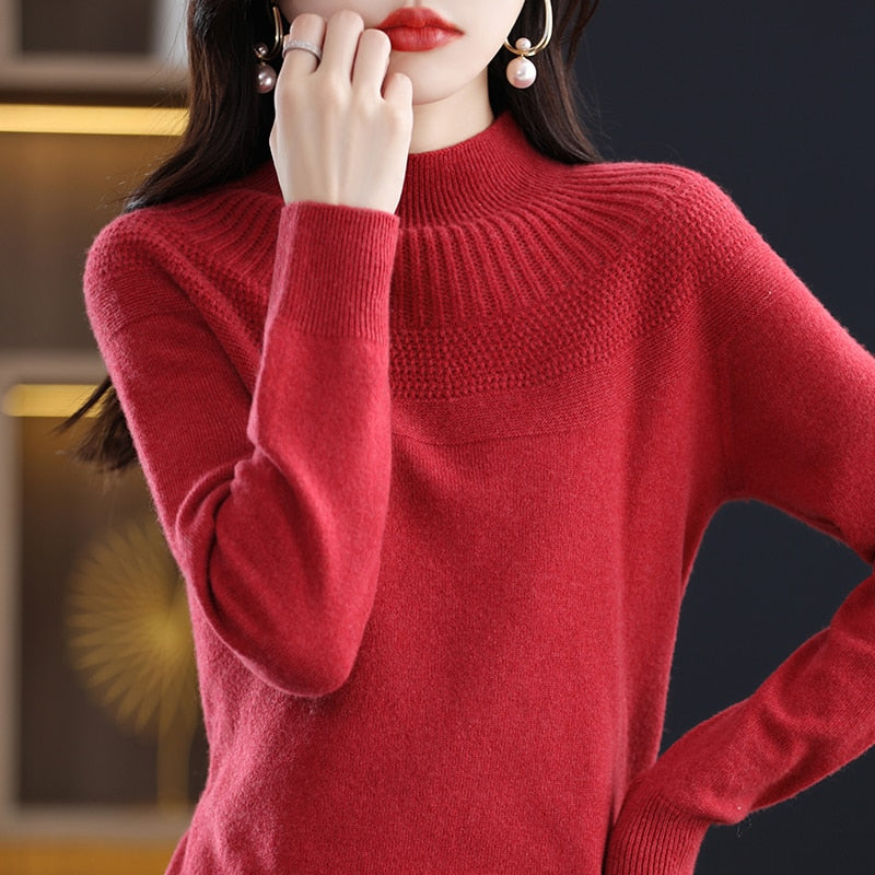 Cashmere knitting sweater high collar merino wool high collar slim soft long sleeve pullover top - xinnzy