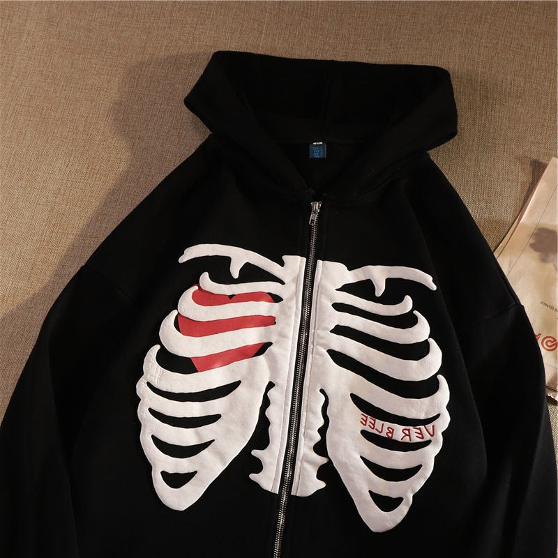 Y2K Skull Print Hoodies Vintage Zipper Hooded Jacket for Women