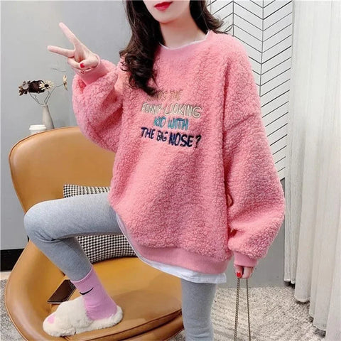 Casual Letter Print Pullover Sweatshirt for Women Fashion Fleece Long Sleeve Coat Autumn Winter