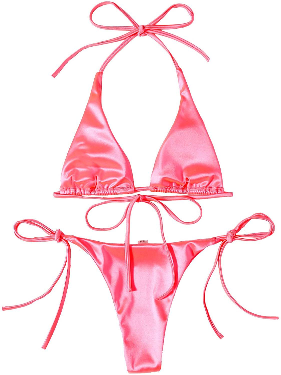 Sexy Damen-Bikini-Set, metallisches Neckholder-Oberteil, zweiteiliger Badeanzug, seitlich gebundener Triangel-Bikini