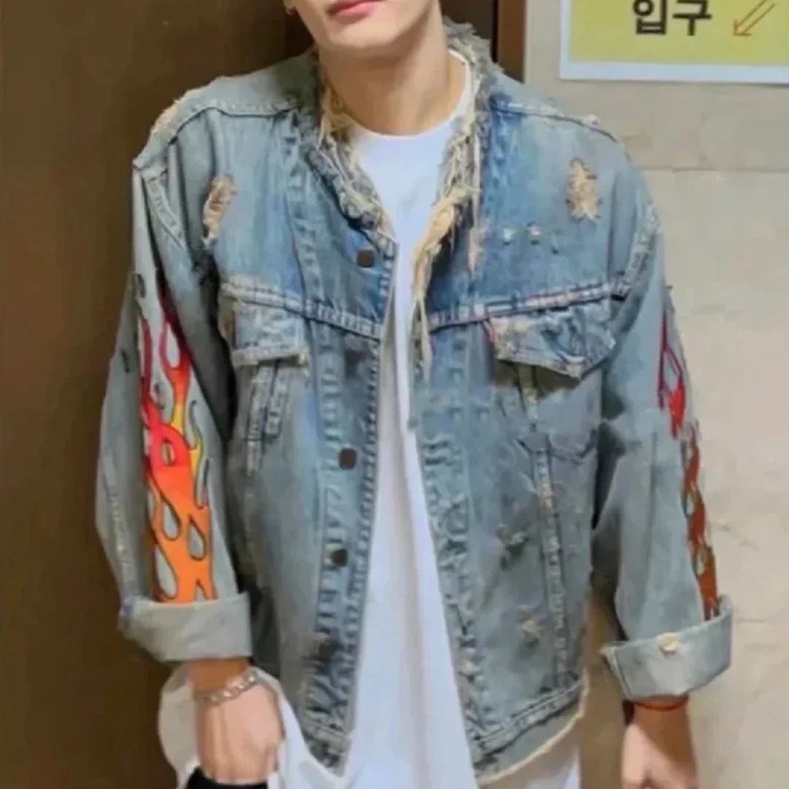 Men Ripped Flame Embroidered Denim Jacket
