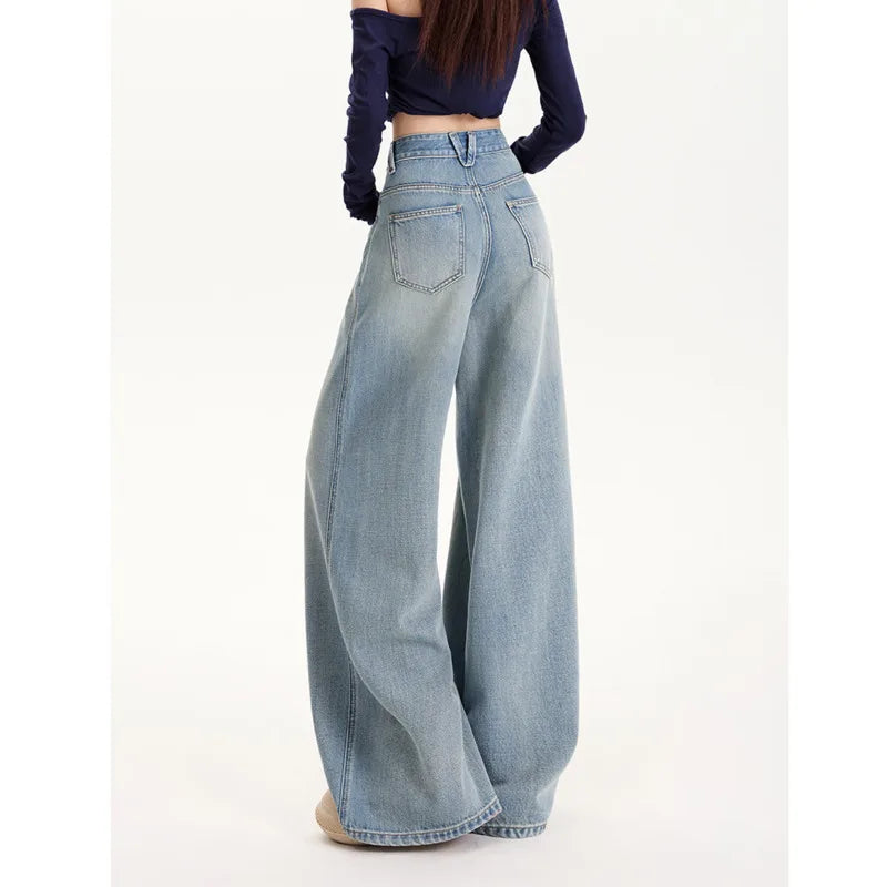 Women's High Waisted Wide Leg Jeans Thin Blue Denim Spring Summer