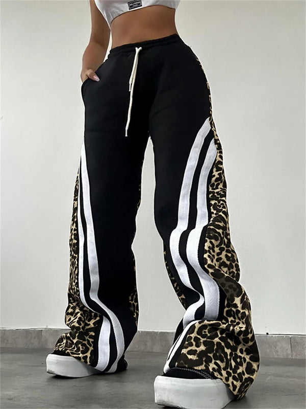 Women's Stripe Patchwork Flare Pants 2025 Leopard Print Trend