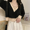 Women Color Block Sweater V Neck Layered Loose Knit Top Spring Fall