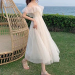 2024 Fairycore Mesh Dress Woman Off Shoulder Lace-Up White Style