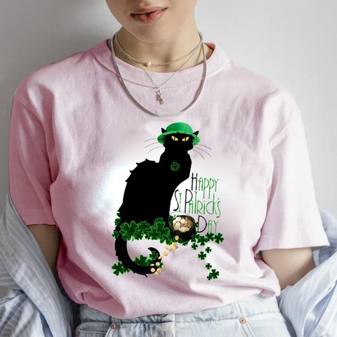 Black Cat Graphic T-Shirt for Women St. Patrick's Day