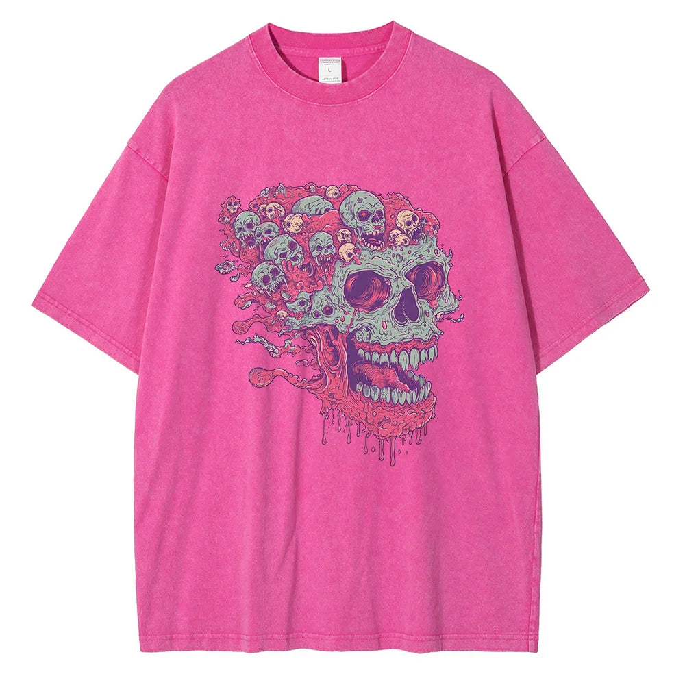 2025 Cold-Blooded Zombie Skull T-Shirt Vintage Wash Men’s Casual
