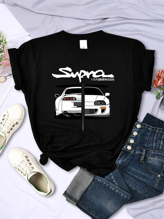 Damen-T-Shirt mit Auto-Aufdruck im japanischen Stil