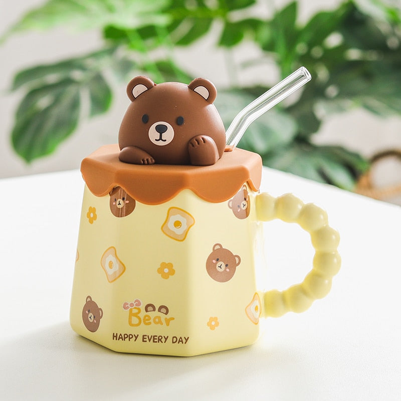 Cartoon Ceramic Mug With Lid and Spoon Creative Cute