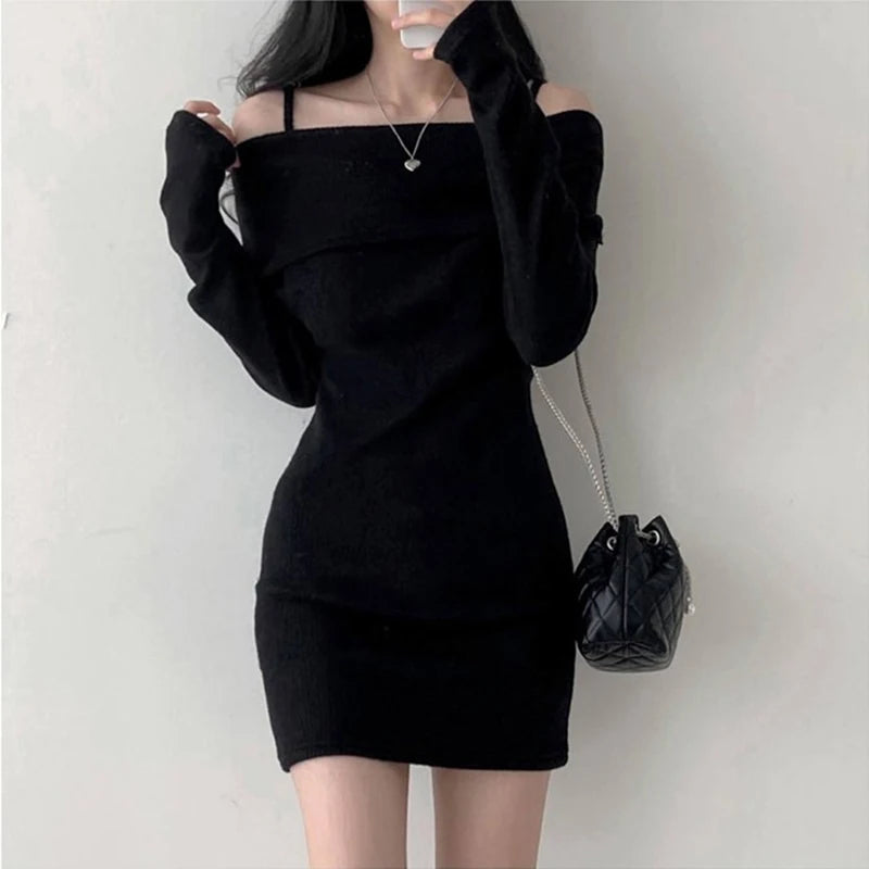 Y2K Women Knitted Mini Dress KoreanOff Shoulder