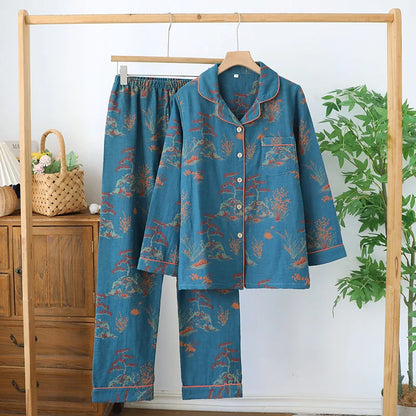 2025 Japanese Spring Autumn Women's Cotton Pajama Set Long Sleeve Pants