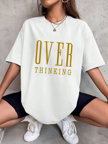 Over Thinking Letter Print Women Cotton Short Sleeve Breathable Vintage O-Neck