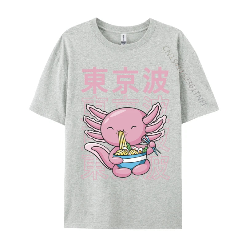 Kawaii Axolotl Eating Ramen Noodles T Shirt Autumn Hip hop