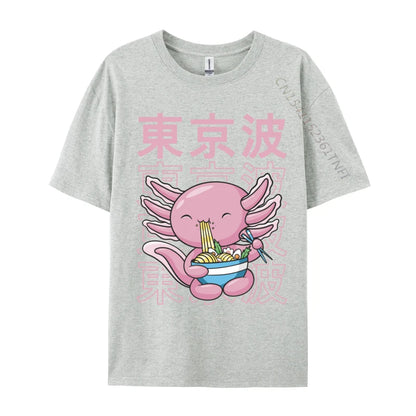 Kawaii Axolotl Eating Ramen Noodles T Shirt Autumn Hip hop
