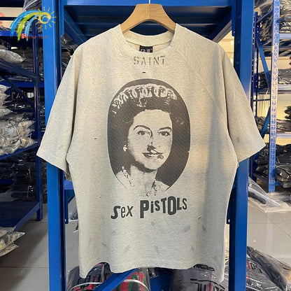 25SS Vintage Grey Saint T-Shirt Streetwear Character Logo Print Cotton