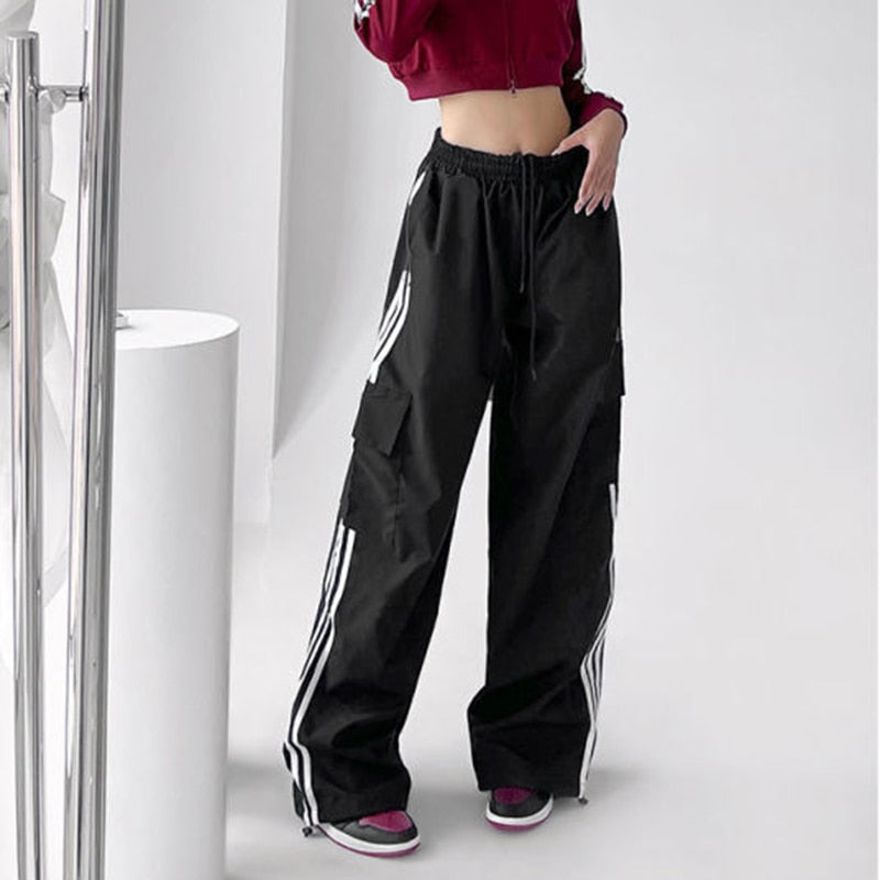 Gestreifte Cargohose Jogginghose Damen Hip Hop Streetwear Weites Bein Y2K Hohe Taille