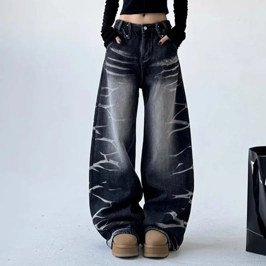 Women's Black Wide Leg Jeans High Waisted Vintage Loose Straight Denim