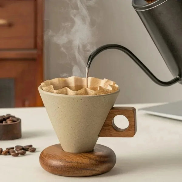Ceramic Coffee Cup Retro Conical Wood Base Handle Heat Proof Tea Set