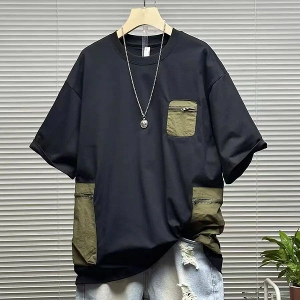 Urban Streetwear Men Colorblock Tshirt Contrast Zip Pocket
