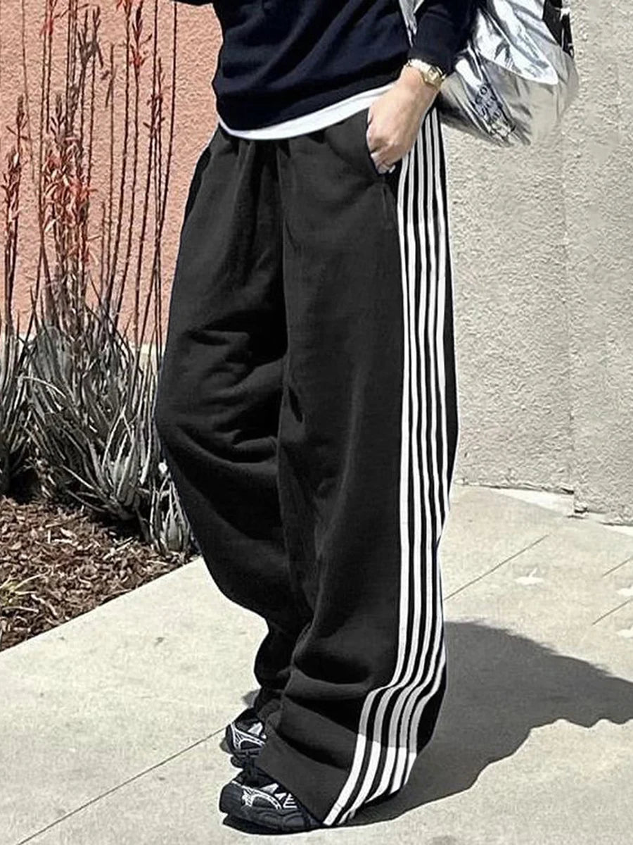 Women's Y2K Wide Leg Track Pants Baggy Side Striped Joggers