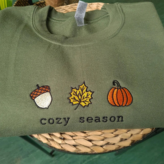Cozy Fall Embroidered Sweatshirt Women Vintage Thick Fleece Pullover