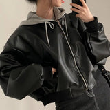 Korean Style Hooded Jacket Faux Leather Women Jacket