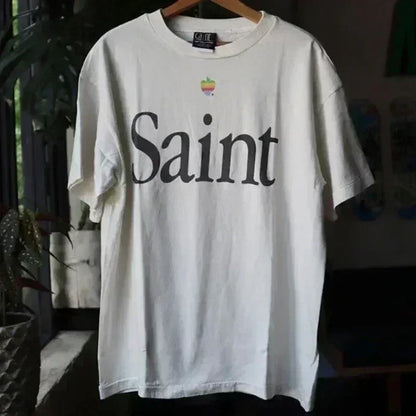 25SS Vintage Grey Saint T-Shirt Streetwear Character Logo Print Cotton