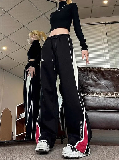 Y2K Vintage Black Sweatpants Women Streetwear Patchwork