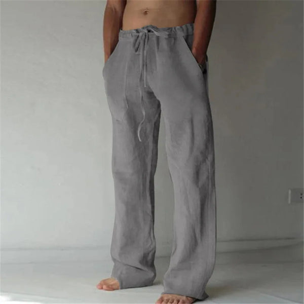Men's Cotton Linen Long Pants Solid Color Breathable Linen Trousers