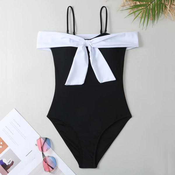 Black White Retro One Piece Swimsuit with Skirt