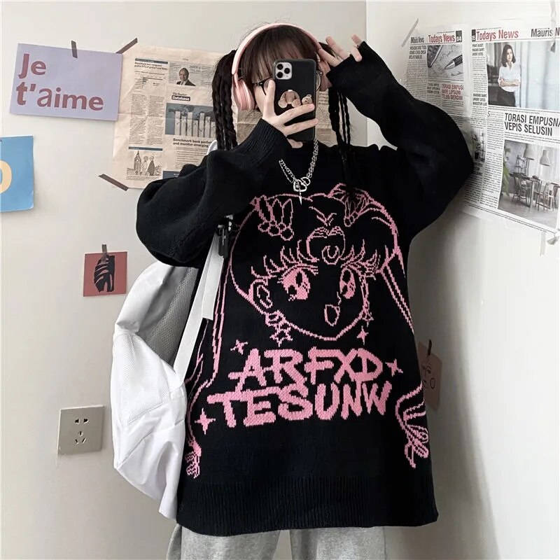 Streetwear Damen Anime Print Strickpullover Langarm Pullover