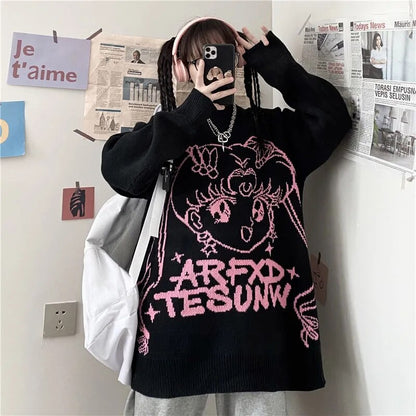 Streetwear women Anime Print Knitted Sweater Long Sleeve Jumper