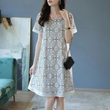 Elegant Square Collar Gauze Hollow Out Lace Vintage Dress Women Clothing 2024