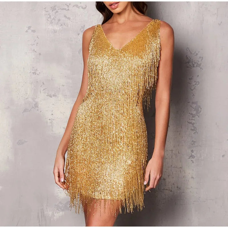 Tassel Sequins Feather Mini Dress Women Spaghetti Strap Stitching Dresses