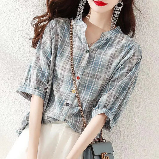 Woman Summer Style Blouses Tops Lady Casual V-Neck Short Sleeve Striped