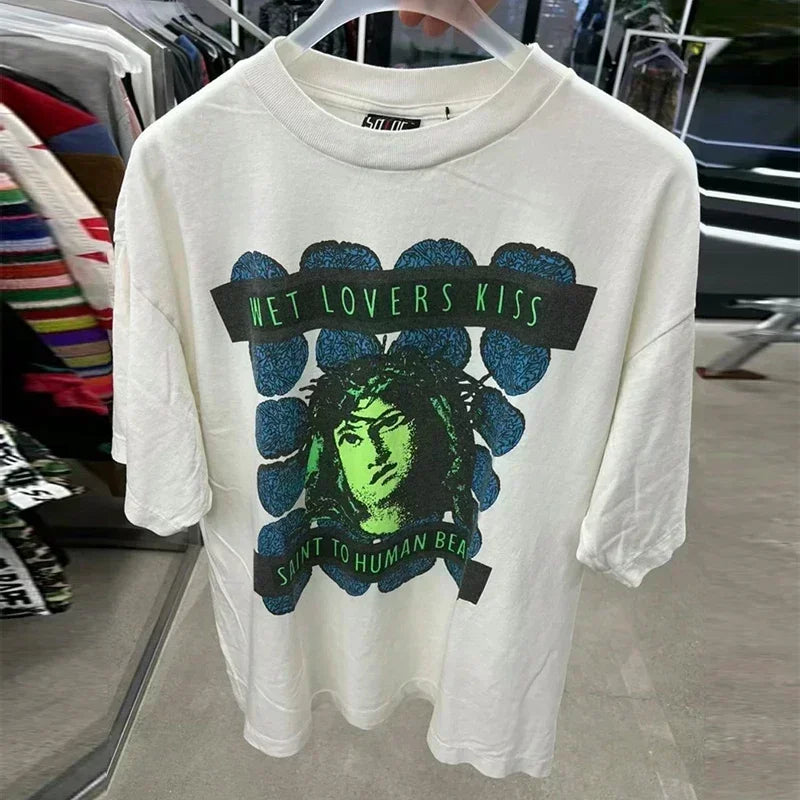 25SS Vintage Grey Saint T-Shirt Streetwear Character Logo Print Cotton