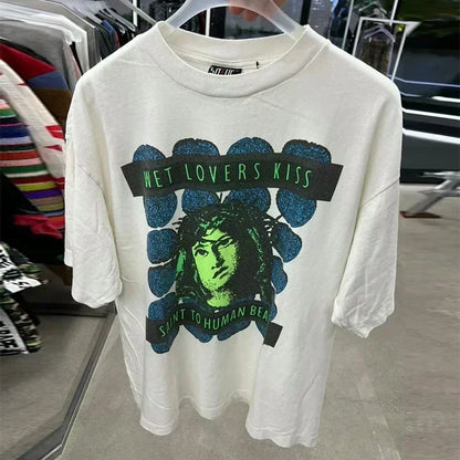 25SS Vintage Grey Saint T-Shirt Streetwear Character Logo Print Cotton