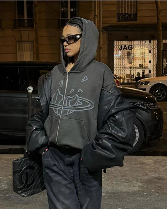 Men’s Oversized Fleece Jacket Yao Broken Brand Streetwear Zip Up