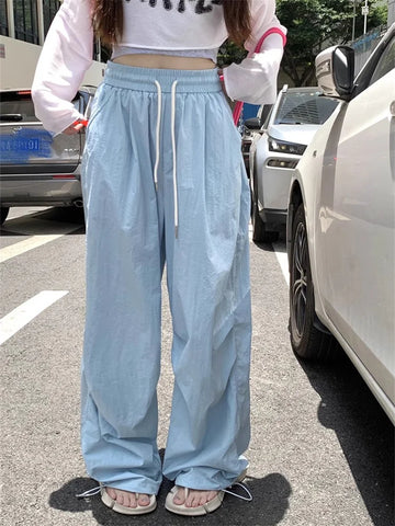 Korean Style Blue Parachute Pants for Women