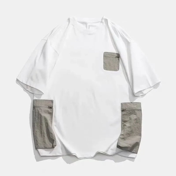 Urban Streetwear Men Colorblock Tshirt Contrast Zip Pocket